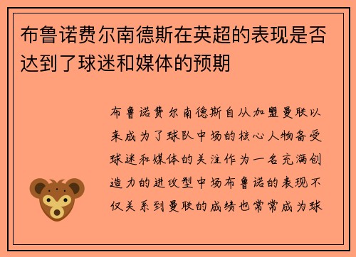 布鲁诺费尔南德斯在英超的表现是否达到了球迷和媒体的预期